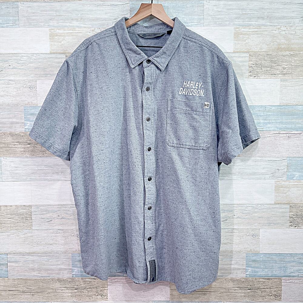Harley Davidson #1 Short Sleeve Flannel Shirt Gray Cotton Mens 3XL Slim Fit